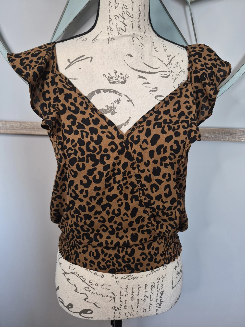 Sienna Sky Brown and Black Leopard Ruffle Sleeve Faux Wrap Smocked Hem Top - S